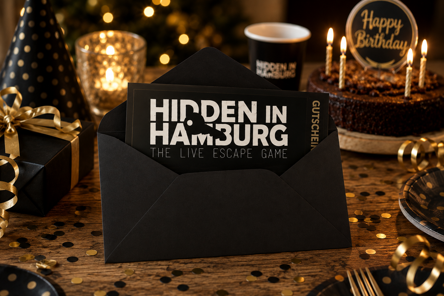Hidden in Hamburg Gutschein in schwarzem Umschlag mit Geburtstagstorte und goldenem Konfetti