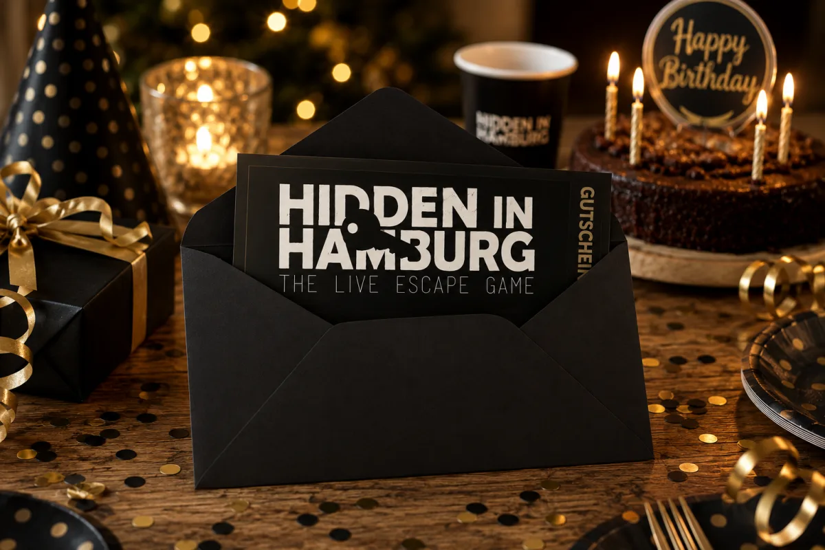 Hidden in Hamburg voucher in a black envelope with a birthday cake and golden confetti