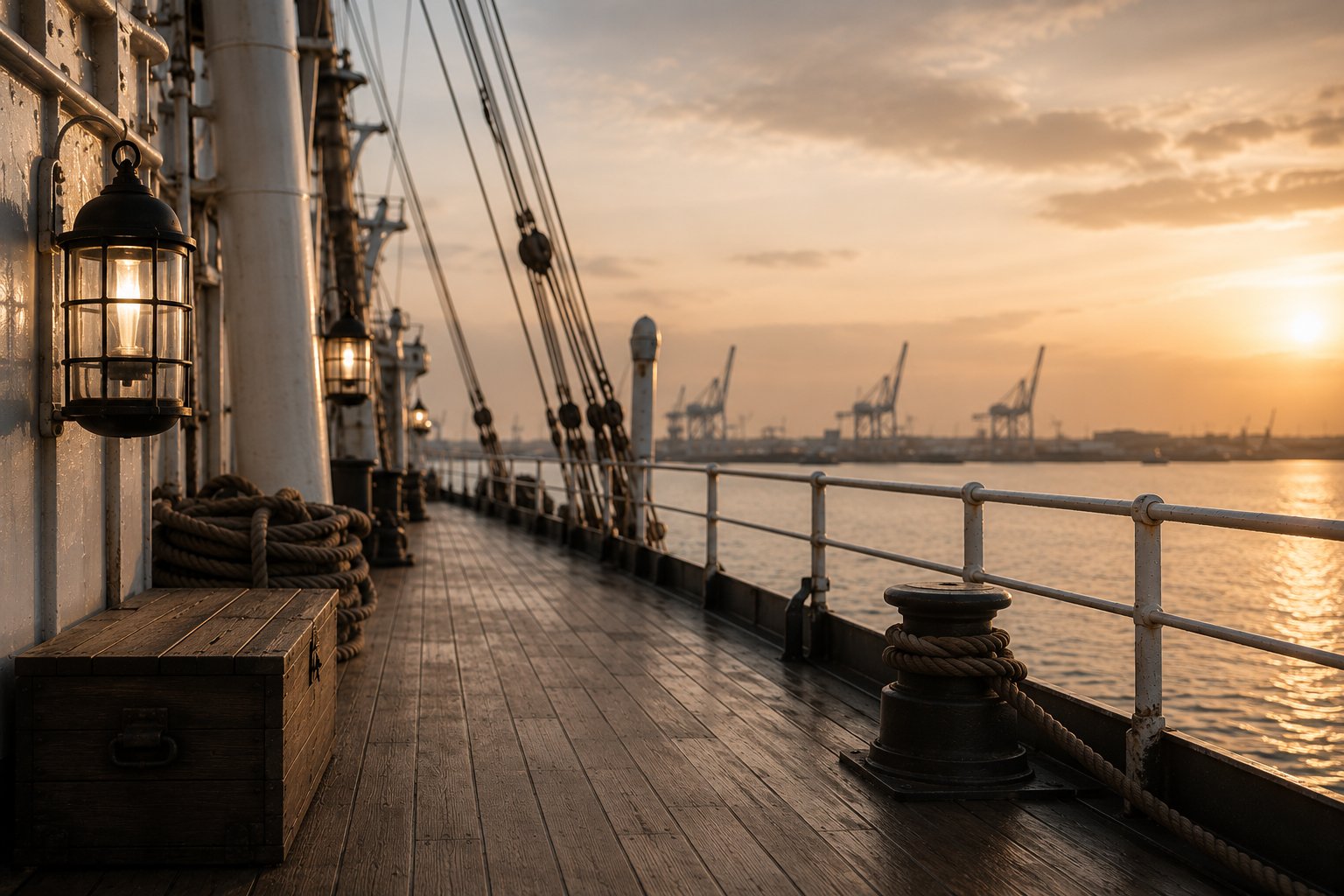 Schiffsdeck mit Holzplanken bei Sonnenuntergang im Hamburger Hafen