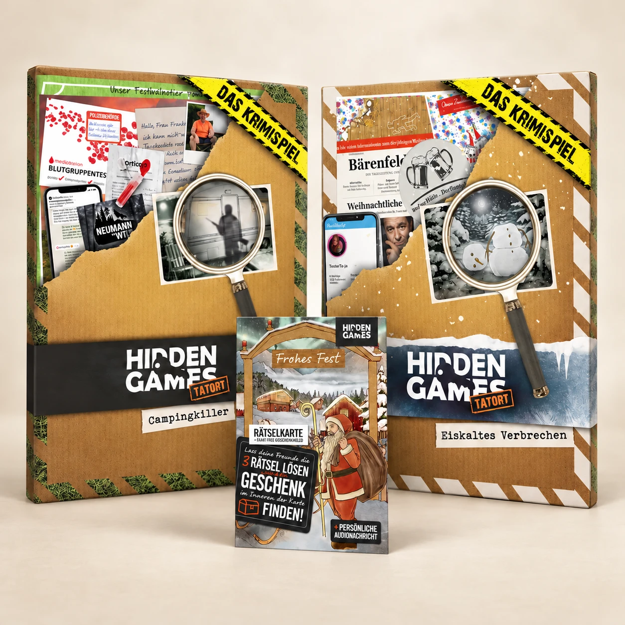 Krimi-Weihnachtspaket von Hidden Games: Krimispiele Campingkiller und Eiskaltes Verbrechen mit Rätselkarte Frohes Fest